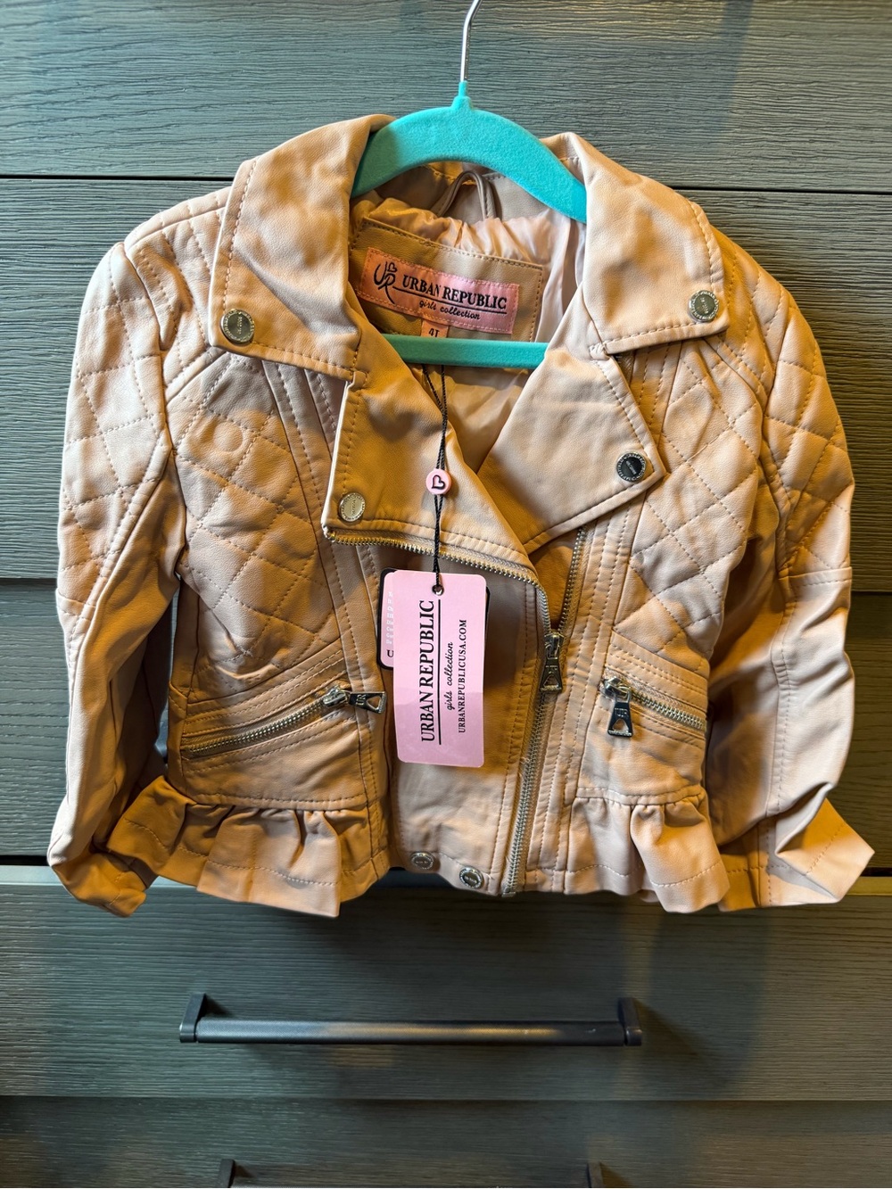 Urban Republic Blush Pink faux leather moto jacket featuring a quilted design - Picture 2 of 7